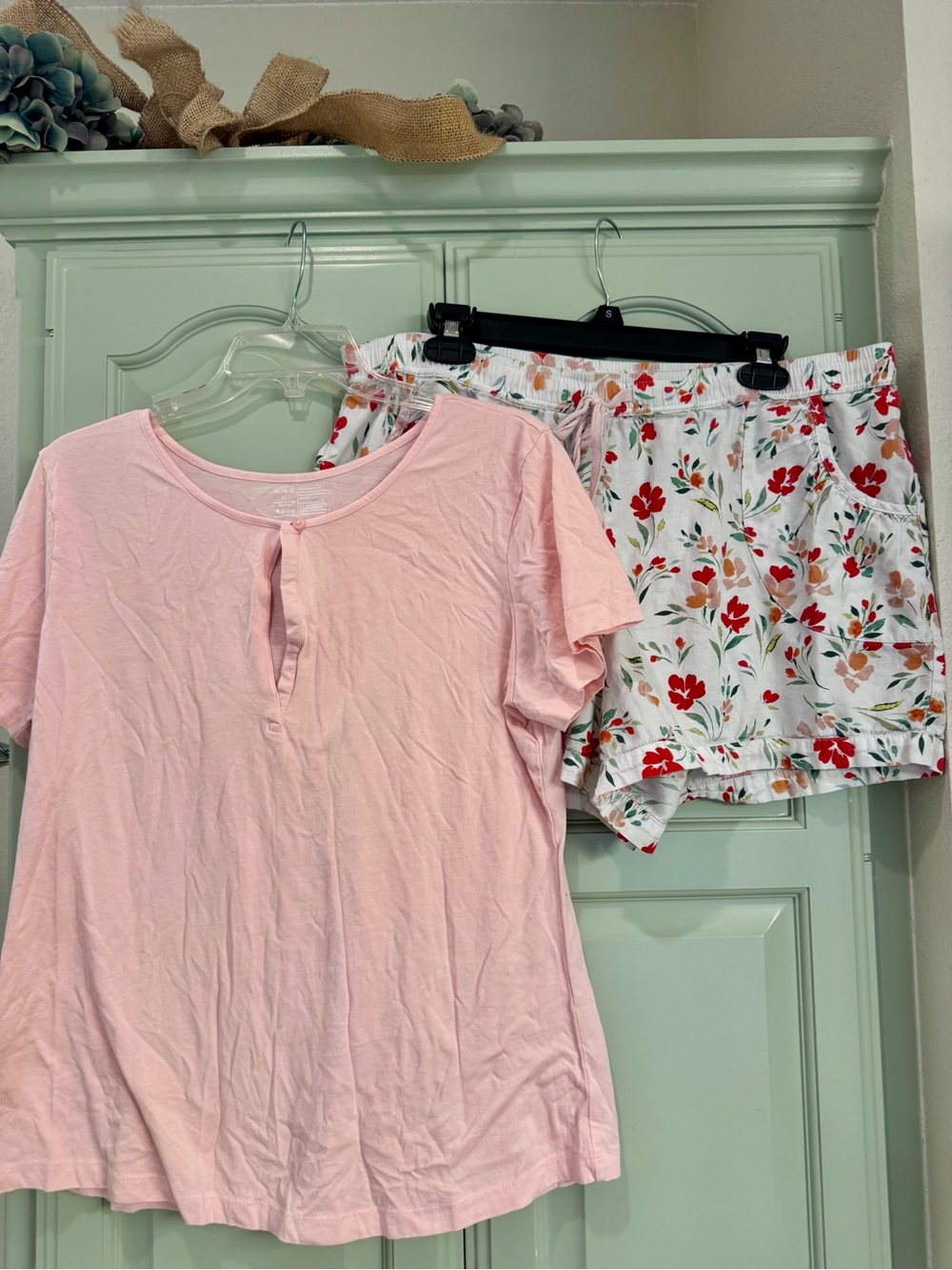 Adore Me Pink Short Sleeve Top with White Floral Sleep Shorts